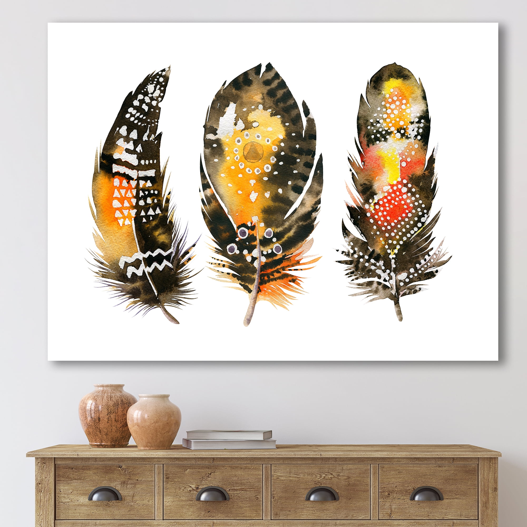 Designart ' Ethnic Boho Art Orange Feathers ' Bohemian & Eclectic Canvas Wall Art Print