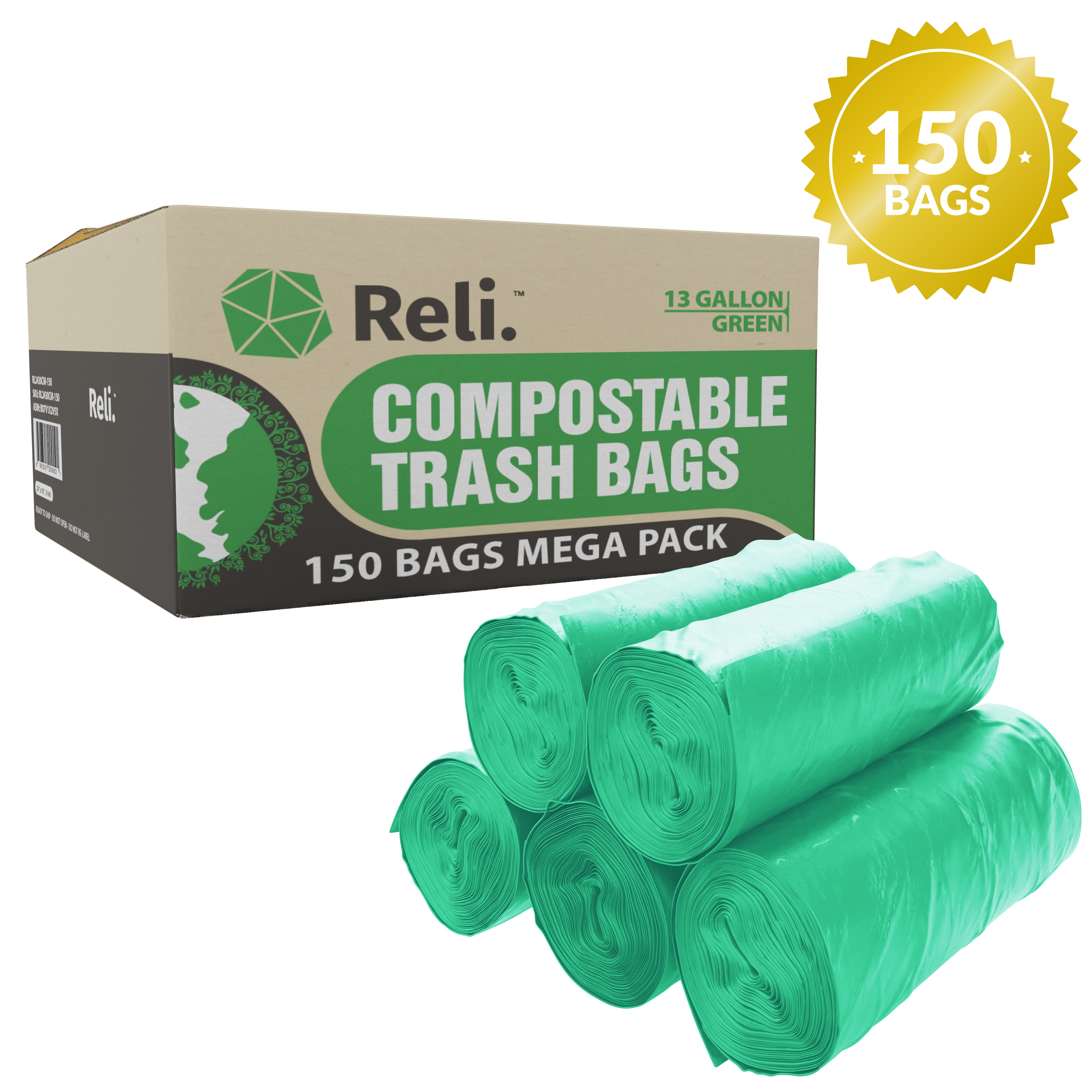 Reli. Compostable 13 Gallon Trash Bags (150 Bags) Green, EcoFriendly