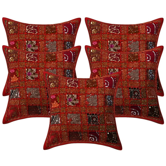 Stylo Culture Ethnic Couch Throw Pillow Covers 16x16 Patchwork Embroidered Red Sequins 40 x 40 cm Home Decor Cotton Geometric Square Cushion Covers | Set Of 5