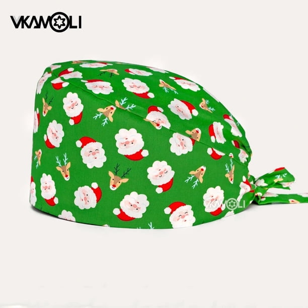 Comida navideña, gorro quirúrgico con estampado de hombre de jengibre de dibujos animados, gorros quirúrgicos navideños, gorro exfoliante de trabajo para agencia de aseo de mascotas de Papá Noel