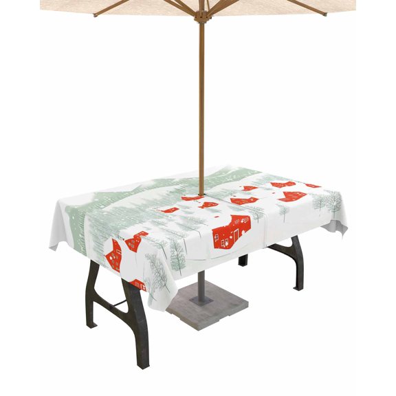 Fsddascl Orange Christmas Outdoor Tablecloth - 60x84 Inch Rectangle Dining Table Cover, Watercolor Green White Snowflake Waterproof Outdoor Table Cloth with Umbrella Hole & Zipper for Picnic/Patio