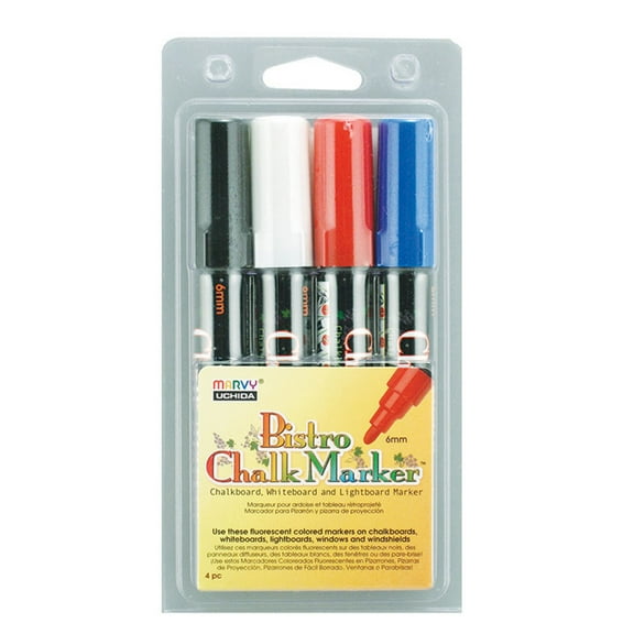 Marvy Uchida Bistro Chalk Marker, Broad Tip, Primary Colors, 4 Pc Set, 551740233