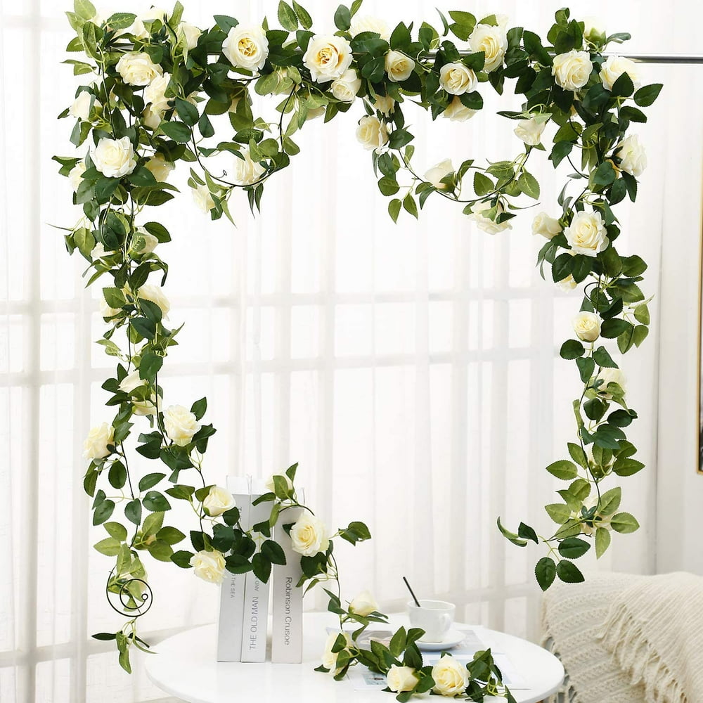 Romantic Rose Vine, Artificial Garland Hanging Fake Rose Ivy Silk Flowers Greenery Plants for ...
