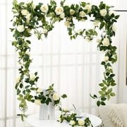 Romantic Rose Vine, Artificial Garland Hanging Fake Rose Ivy Silk Flowers Greenery Plants for Wedding Backdrop Party Office Wall Home Decor - 2PCS(Total 16Ft)