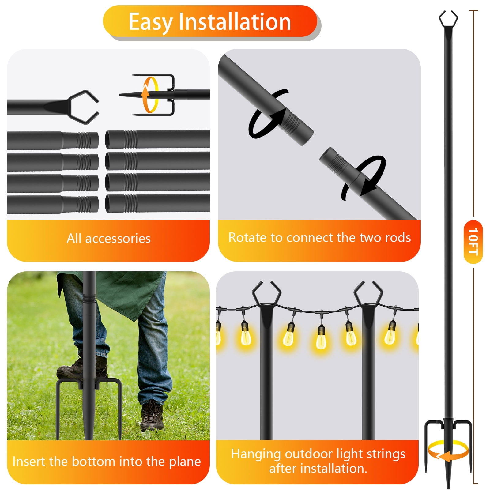 10Pack String Light Poles ,10FT Light Poles for Outside Lights,Outdoor with Fence Brackets Hanging Lights,Metal Stand Deck Patio Backyard