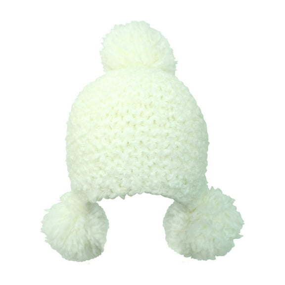 White Plush Knit Triple Pom Pom Beanie Cap