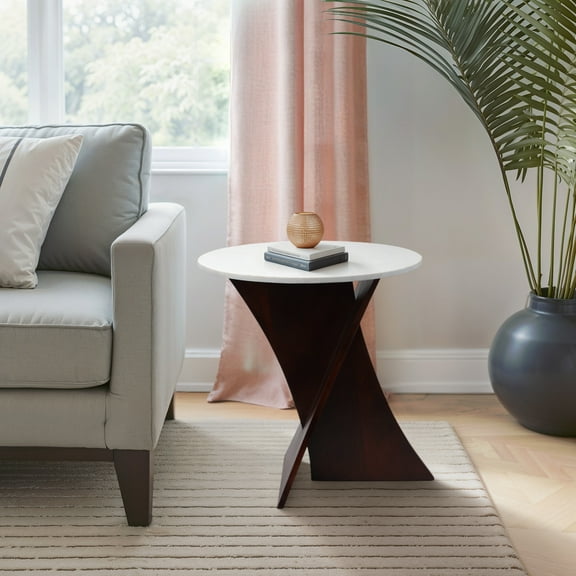 Chic End Table, Side Table, or Small Night Stand for Room Decor - Polished Marble Top with Criss Cross Base for Modern Bedroom or Living Room Decor - Accent Table for Small Spaces - 21" White & Brown