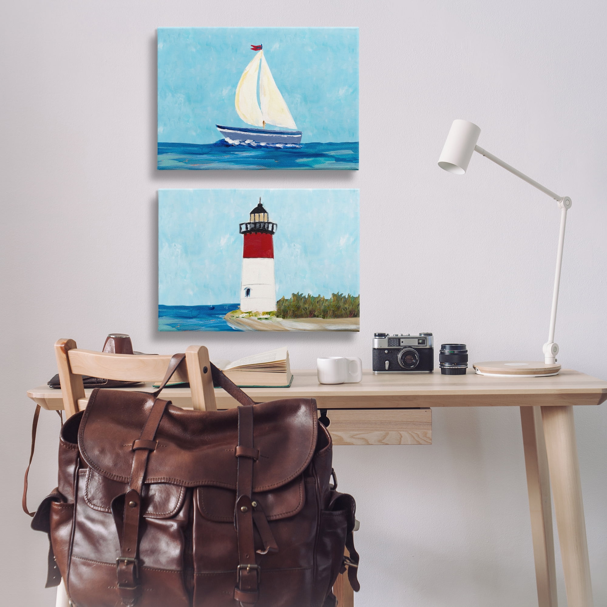 Stupell Industries Nautical Sail the Sea Lighthouse Nautical & Beach Painting Wrapped Canvas Art Print Wall Art, 24 x 16, Set of 2