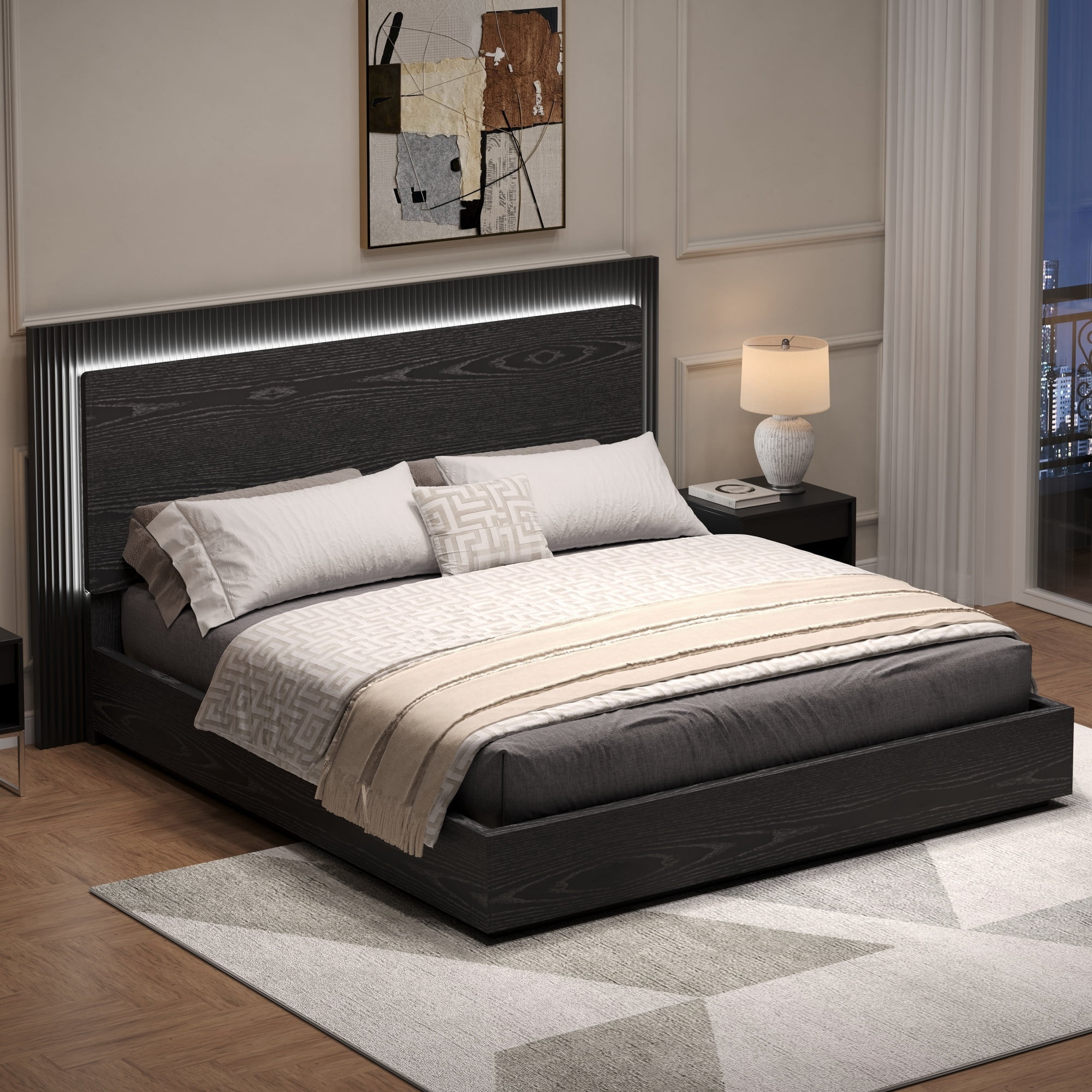 Euroco Wood Queen Size Platform Bed with LED Light Headboard, No Box Spring Needed, Black