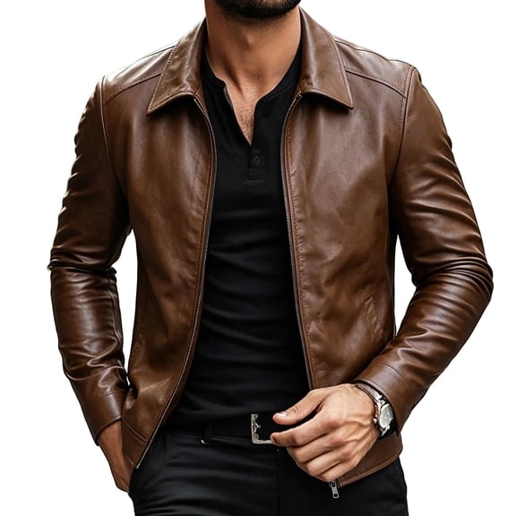 QQZ Men's Solid PU Leather Motorcycle Jacket, Zip‑Up Lapel Collar Long Sleeve Outerwear With Side Pockets For Outdoor Daily Casual Wear