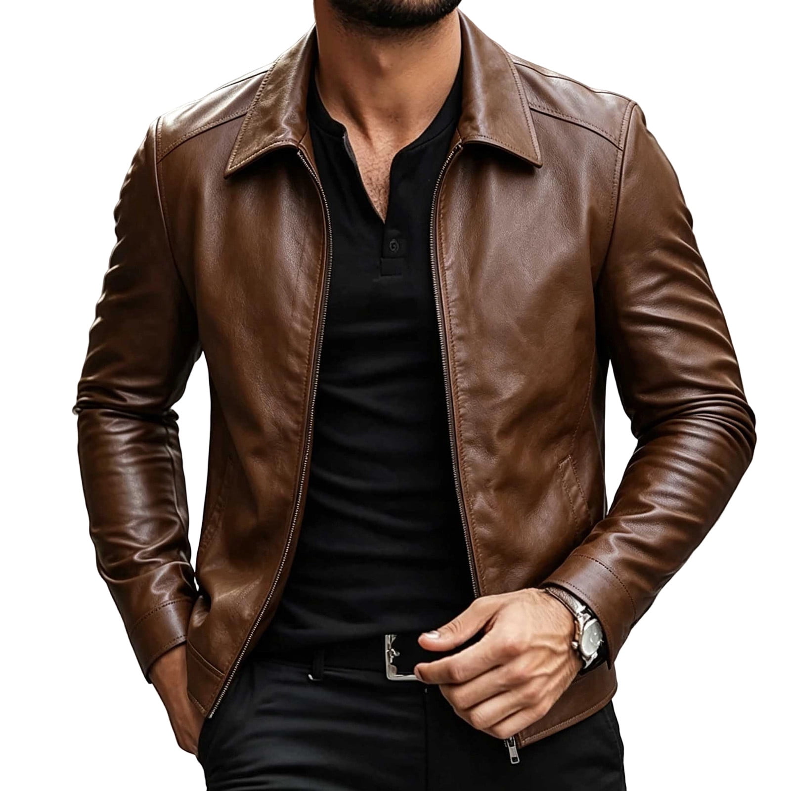 Kukoosong Men s Point Collar Full Zip PU Leather Jacket Solid Long Sleeve Casual Biker Coat with Pockets Fall Winter Vintage Slim Fit Outerwear for Daily Wear