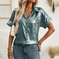 thumbnail image 4 of WREESH Women's Shiny Button Down Shirt Short Sleeve Lapel Collar Business Casual Beach Top, 4 of 7