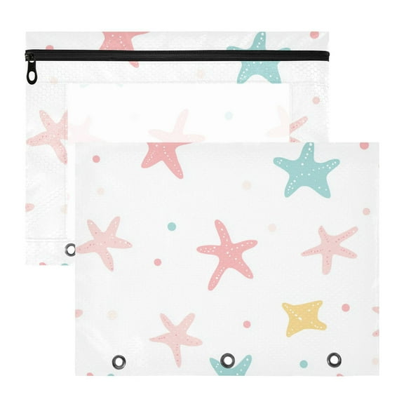Green Pink Yellow Stars Dots 3-Ring Binder Pouches A4 Size Zipper Pocket File Storage 2 Packs