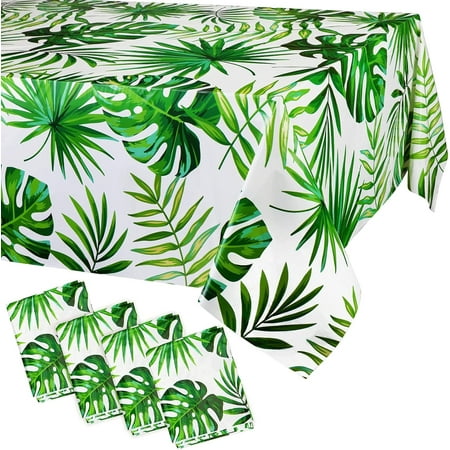 XD4-Hawaii Palm Leaves Tablecloths for Hawaiian Party Decoration, 4PCS Hawaii Luau Disposable Table Cloths Plastic Rectangular Aloha Tropical Table Covers for Safari Jungle Baby Shower*04