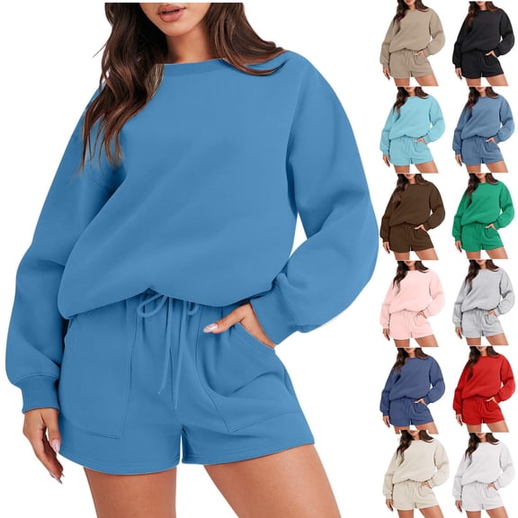 Women Sweatsuit Shorts Set Oversized Crew Neck Sweatshirt Drawstring Shorts Long Sleeve Tracksuit with Pockets Soft Daily Casual Outfits Blue M