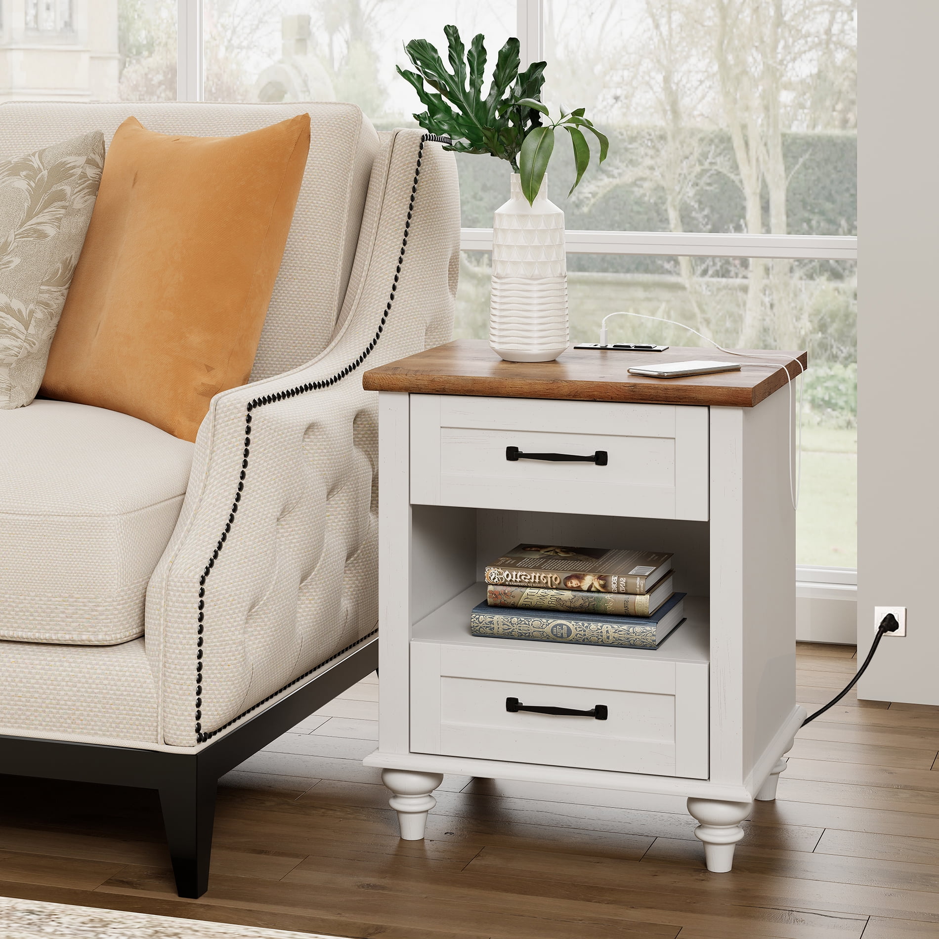 White End Table with 2 Drawer&Open Shelf,Wood Nightstand Bedside Table for  Bedroom, Living Room