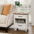 thumbnail image 2 of WAMPAT Table de Chevet, Station de Recharge, Table d'Appoint Style Ferme, Ports USB, Prises de Courant, Salon, Table de Chevet, 2 Tiroirs, Rangement Ouvert, Chambre, Blanc&Chêne, 2 of 8
