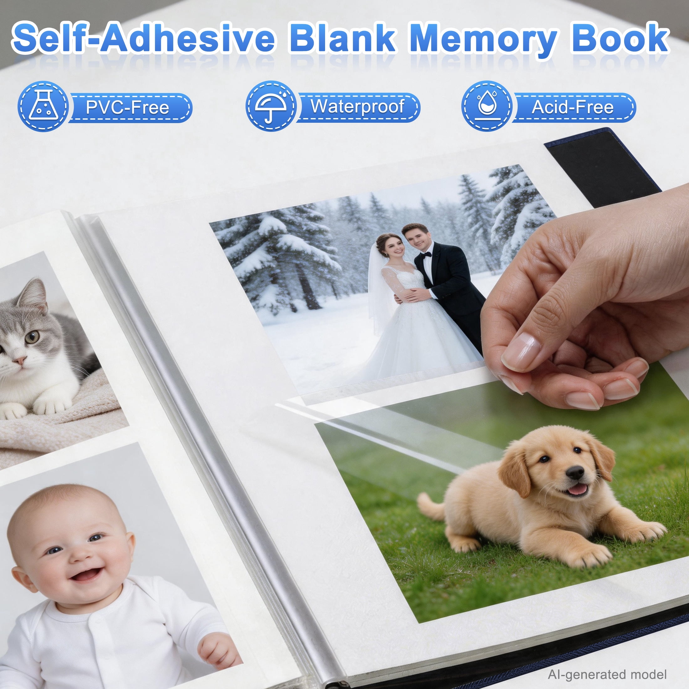 Photo Album Self Adhesive for 4x6 5x7 8x10, DIY Picture Scrapbook, 20 Sheets/40 Pages Linen Cover with Display Window, Scrapbook Album for Moms, Families, Weddings, Blue
