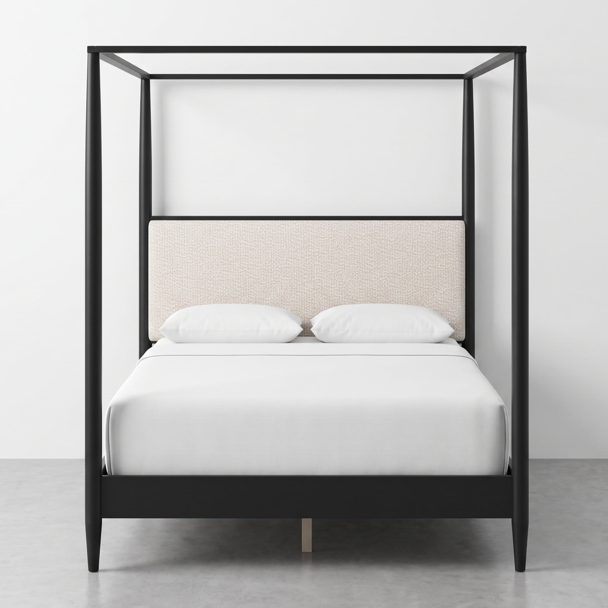 Euroco Modern Wood Queen Size Canopy Bed, Mid-Century 4-Poster Platform Bed with Boucle Upholstered Headboard and Tapered Legs, No Box Spring Needed, Black