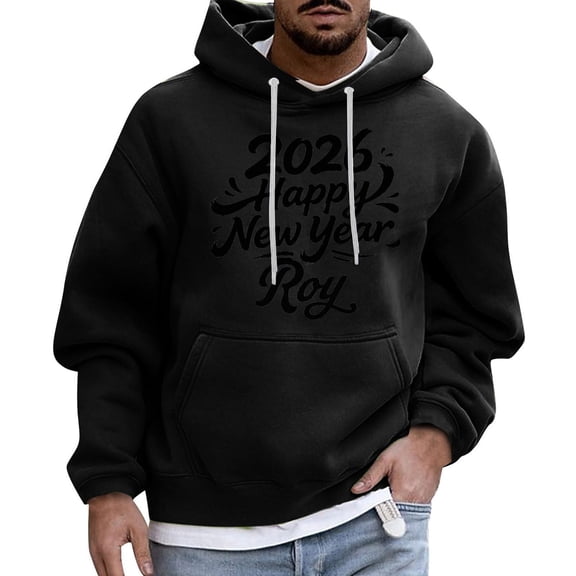 2026 Happy New Year Roy Pullover Hoodie Unisex Casual Long Sleeve Printed Sweatshirt Kangaroo Pocket Drawstring Hood Black L