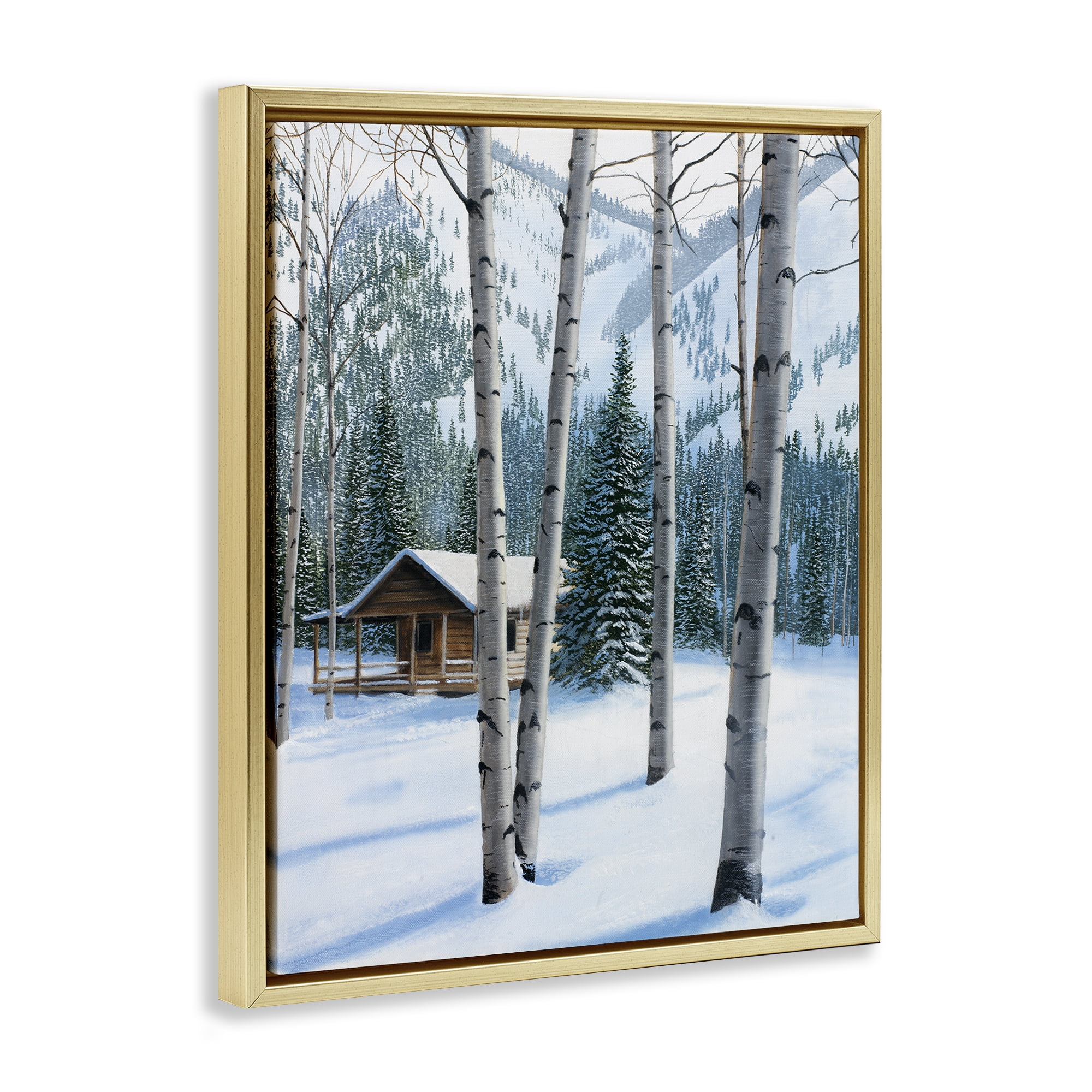 Stupell Industries Snowy Cabin Through Birch Landscape Painting Gold Floater Framed Canvas Art Prints Wall Art, 25 x 31