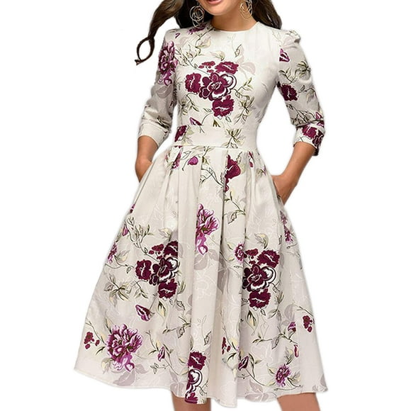 Simple Flavor Women's Floral Vintage Dress Elegant Midi Evening Dress 3/4 Sleeves (Beige, XL)