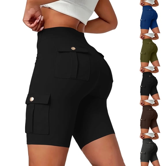 UDAUDU Womens Workout Shorts with Pocket Tummy Control Knee Length Cargo Shorts Butt Lifting High Waisted Biker Yoga Legging Black S