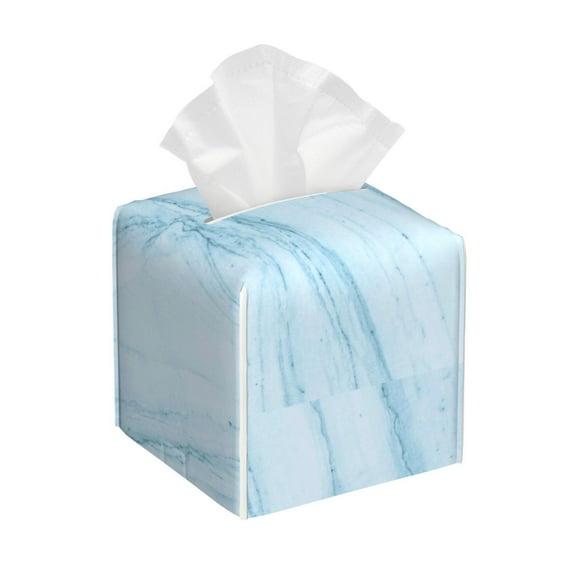 Uemuo Blue Marble Tissue Box Cover Holder, Square with Bottom Belt - PVC Leather Decorative Organizer for Tabletop, Bathroom, Car, Office