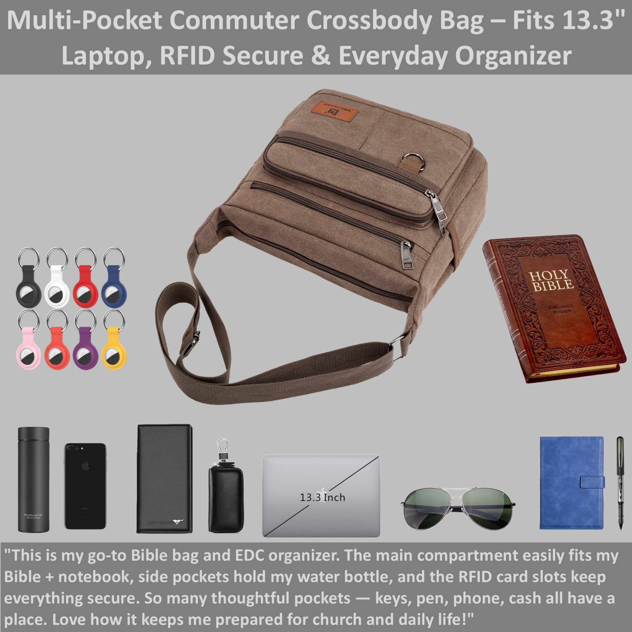Crossbody Messenger Bag for iPad Pro 12.9 inches, Rfid Shoulder Purse w/Water Bottle Holders, 13 inch Laptop Briefcase, Built-in Wallet With AirTag Case Brown