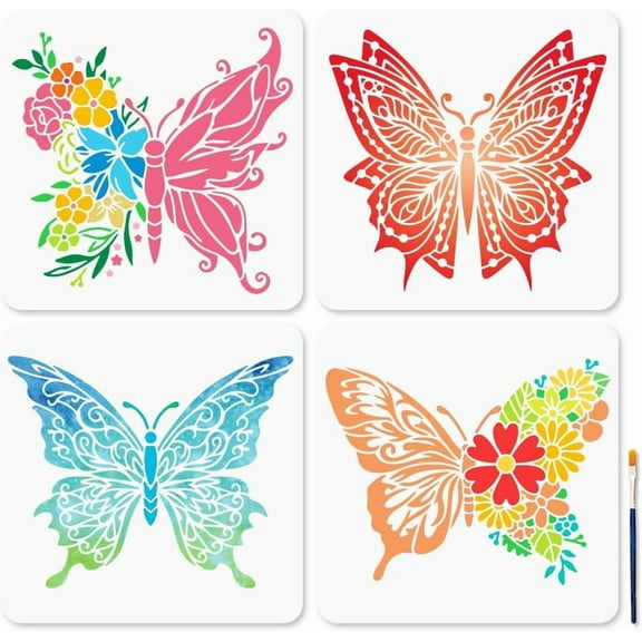 4Pcs Butterfly Flower Stencils 11.8×11.8inch with Paint Brush Floral Butterfly Stencil Reusable Insect Templates for DIY