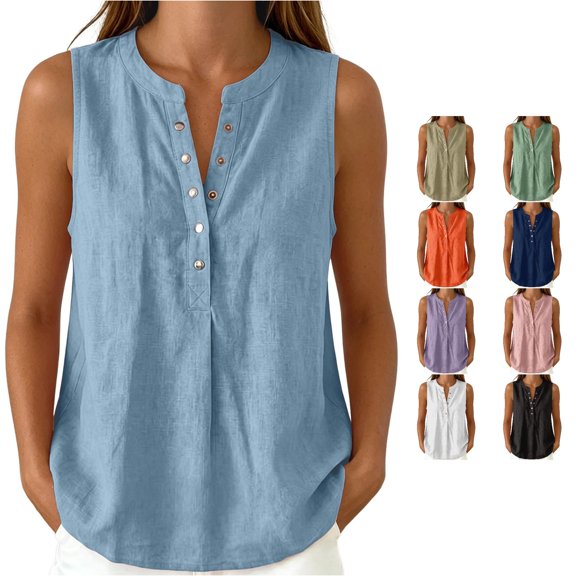 NinXxx Women's Casual Collarless Sleeveless Shirt Loose Fit Blouse Summer Blue S