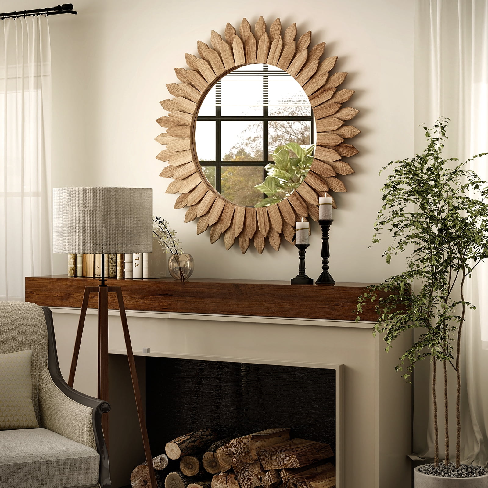 Easy4Home 24" Rustic Wood Mirror Wall Decoration Hanging Round Mirror,Light Brown