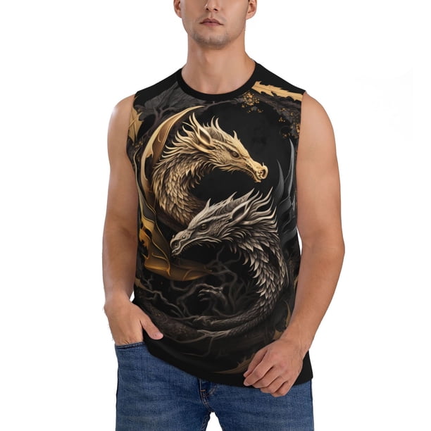 Fotbe Vintage Metal Dragon Men's Camiseta sin Mangas Estampada para Hombres, Playera Casual para Gimnasio, Entrenamiento, Playa-Small