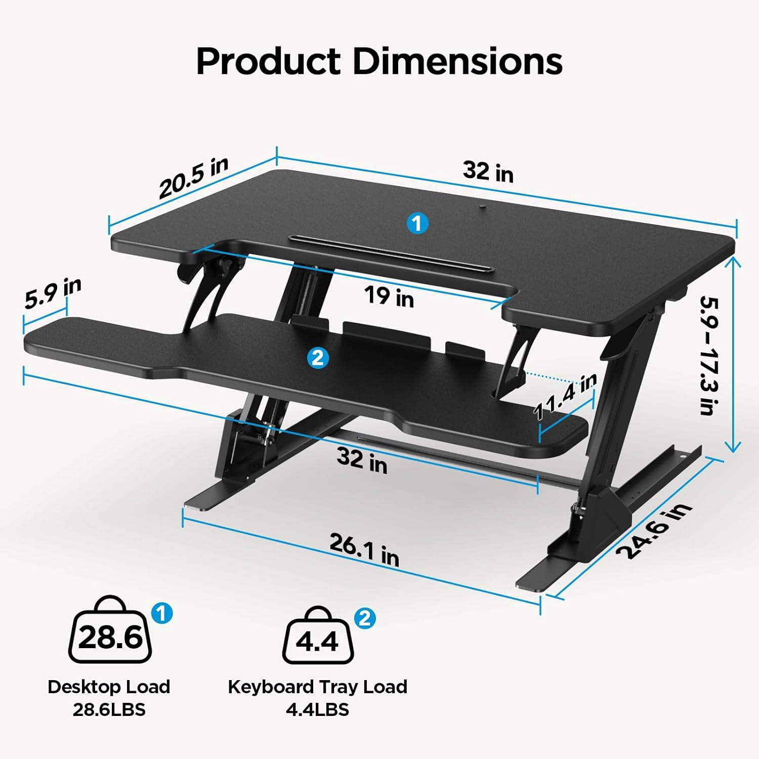 CHITOOMA 32" Z Shaped Stable Standing Desk Converter, Height Adjustable Sit Stand Up Desk Riser, Dual Monitor and Laptop Workstation with Wide Keyboard Tray, Desk Lifter for Home Office