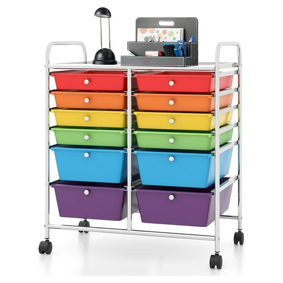 12 Drawer Rolling Storage Cart, Mobile Teacher Cart with Drawers, Classroom Drawer Organizer, Multipurpose Utility Cart on Wheels for Home Office School (Multicolor, 12 Drawers)