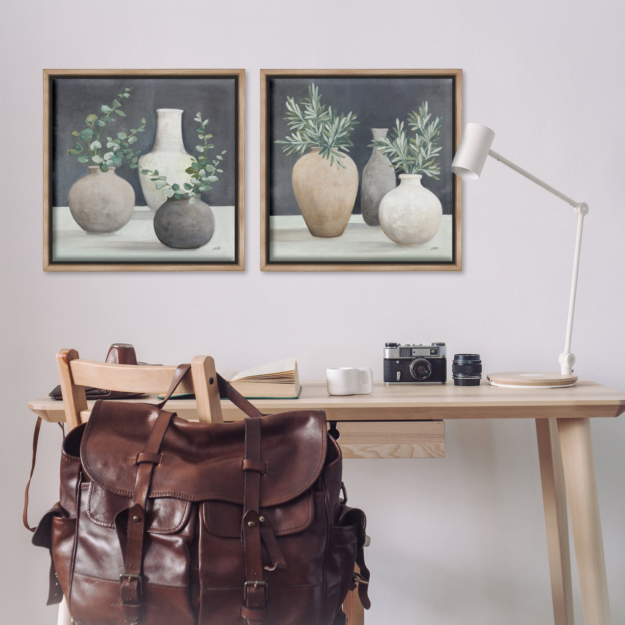 Stupell Industries Eucalyptus Greens Fresh Vessels Plants & Flowers Painting Brown Floater Framed Canvas Art Print Wall Art, 25 x 25, Set of 2