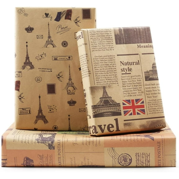 France Paris Eiffel Tower London Vintage Kraft Newspaper Traveller Wrapping Paper, Europe Gift Wrap 6 Sheets Folded Flat 20x28 inches per Sheet for Wedding, Birthday, Bridal Showers, Anniversary
