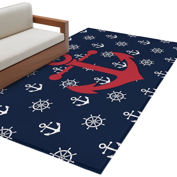 Red Coastal Anchor Area Rug 4x6 Washable Rug Non Slip Vintage Nautical Rudder Navy Blue Large Area Rug Indoor Floor Carpet for Entryway Bedroom Kitchen Living Room Home Office Dining Room Nursery