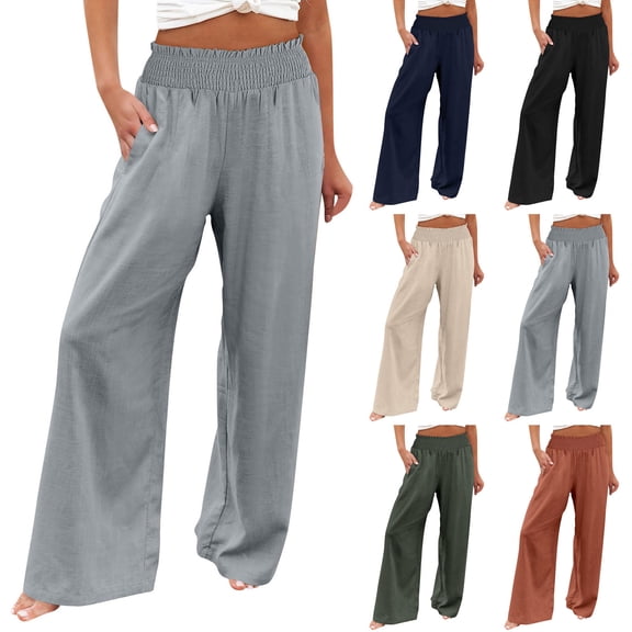 SOFTCCLO Wide Leg Pants for Women High Waist Casual Trousers Solid Loose Wide Leg Long Womens Pants Beige L