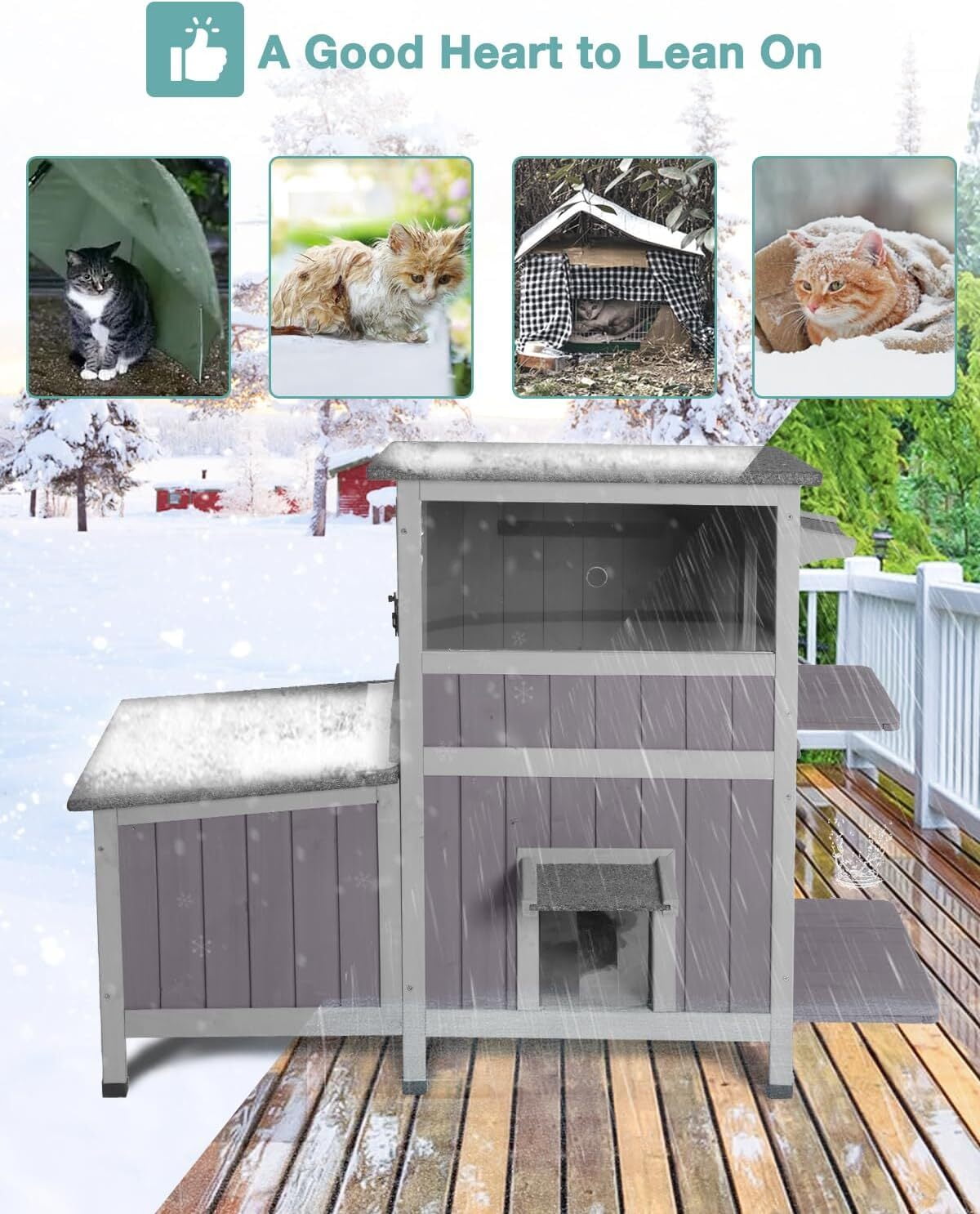 MEDEHOO Outdoor Cat House Weatherproof, Two-Story Wooden Cat Shelter with Escape Door, PVC Curtains, Removable Floor & Waterproof Roof, Raised Outside Cat House for Feral Cats
