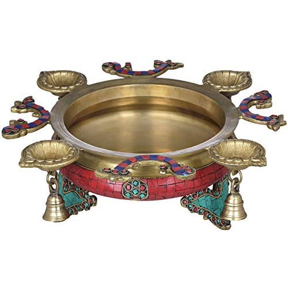 Exotic India Inlay Urli with Attached Lamps and Bells - Brass Statue with Inlay Work