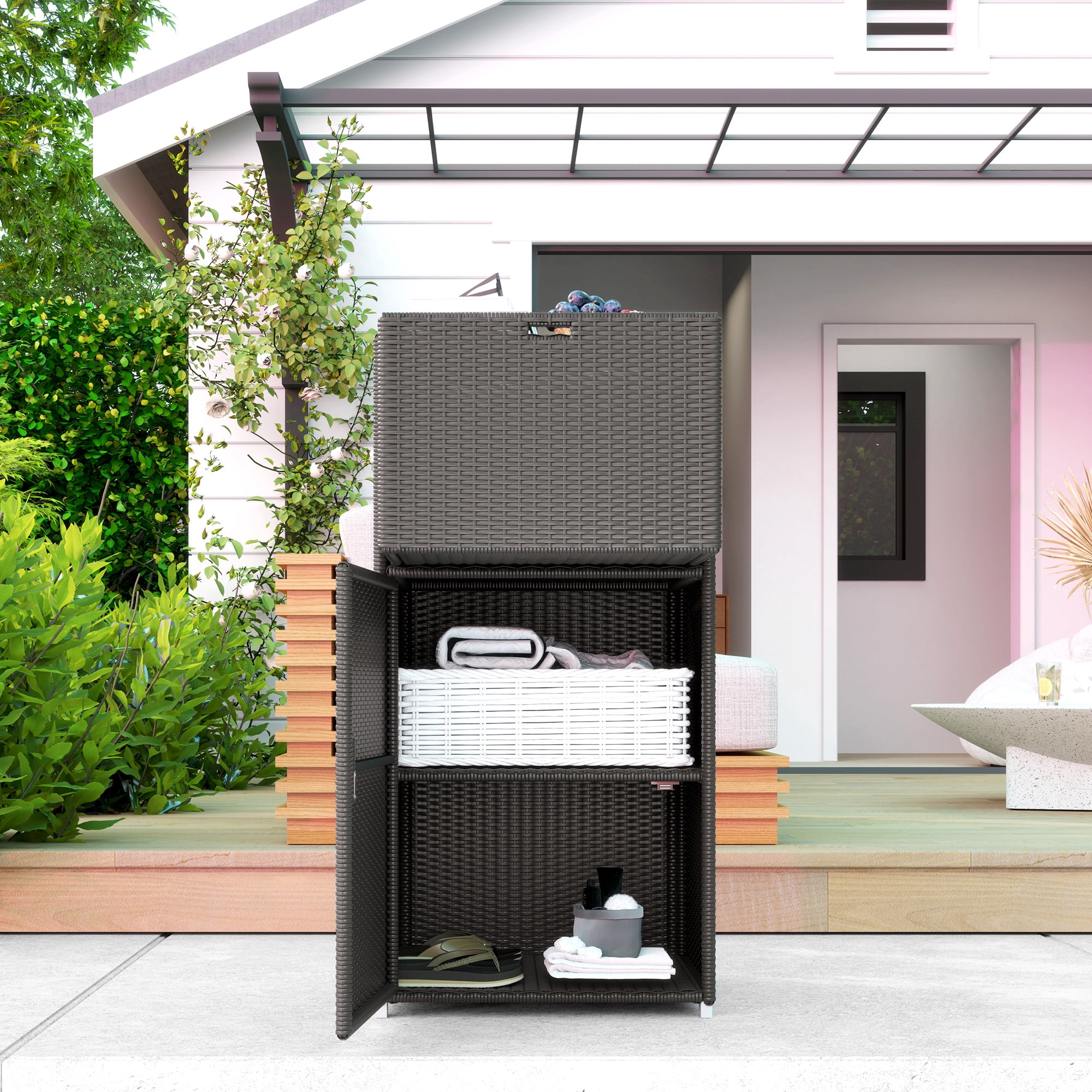 Outdoor Storage Cabinet with Drawer, Dark Brown PE Rattan, 23.6" L x 23.6" W x 47.2" H