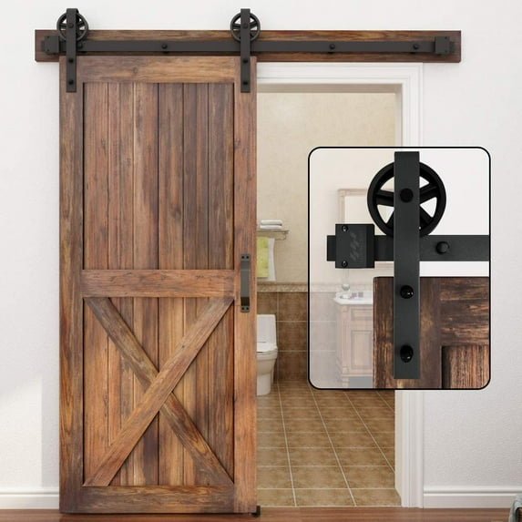 WINSOON 4FT Single Wood Sliding Barn Door Hardware Black Finish Big Spoke Roller Style Kit