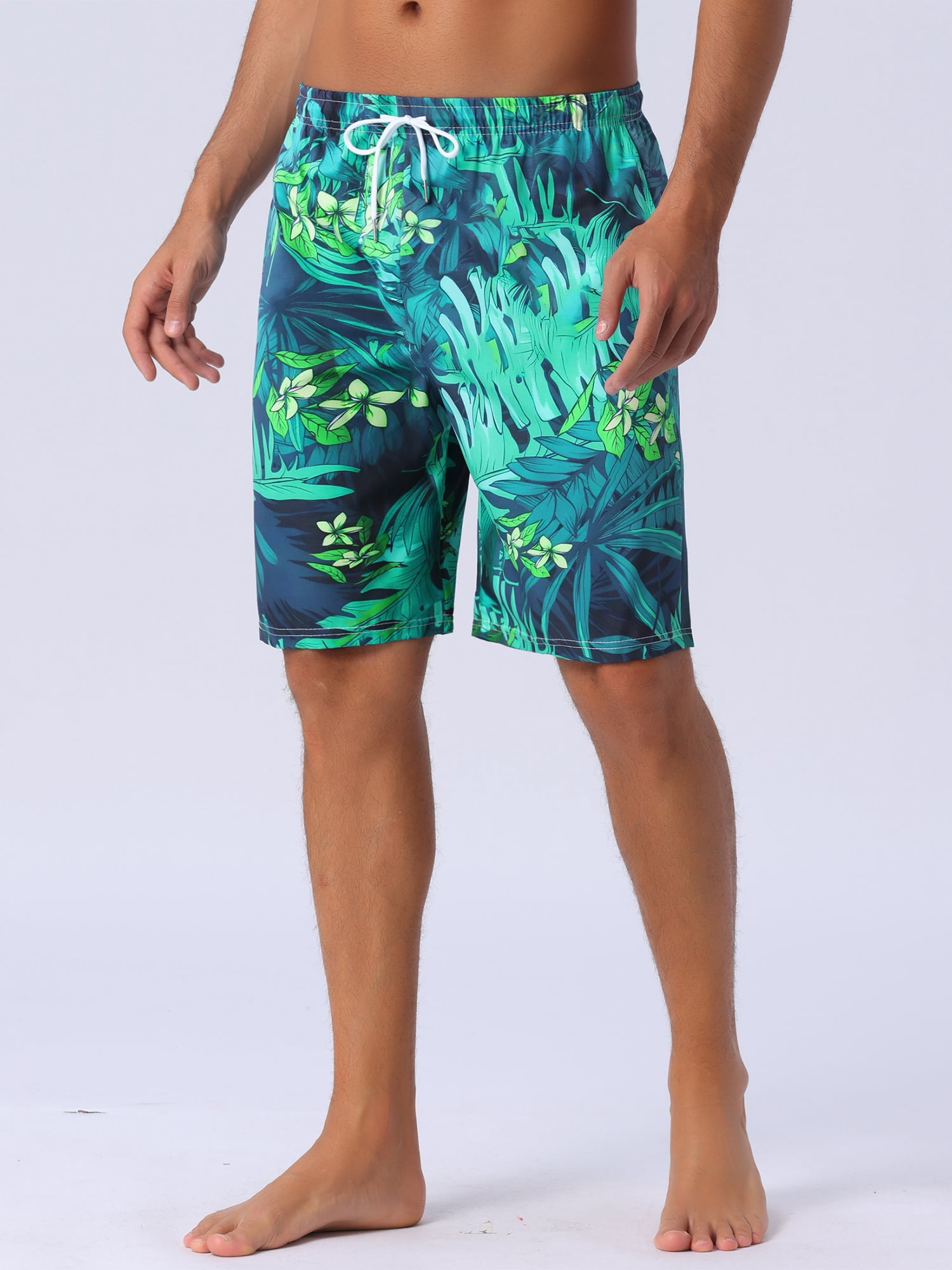 DARING DIVA Men's Floral Print Elastic Waist Drawstring Hawaiian Beach Swim Shorts 30 Dark Green