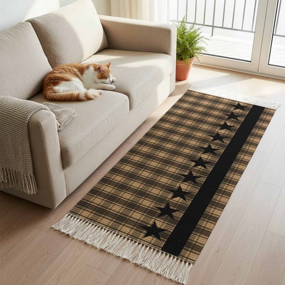 Brown Black Plaid Kitchen Runner Rug 2'x4', Vintage Rustic Star Buffalo Check Washable Rug with Tassels, Non Slip Woven Cotton Bathroom Rugs Hallway Carpet for Foyer Bedroom Entry Back Door Decor