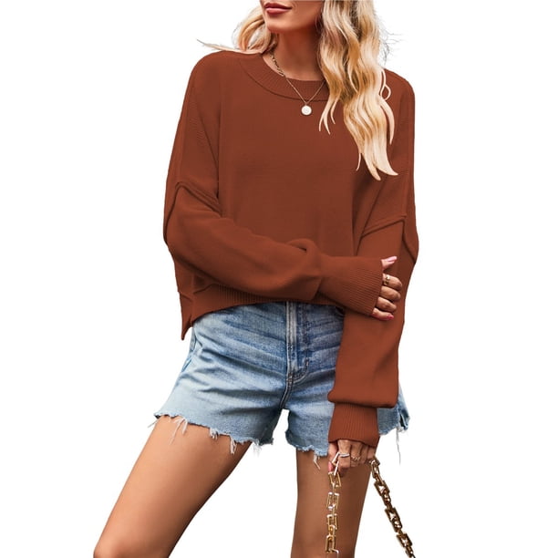 Suéter de Mujer de Otoño, Cuello Redondo, Tipo Murciélago, Estilo Pullover Rojo Óxido M