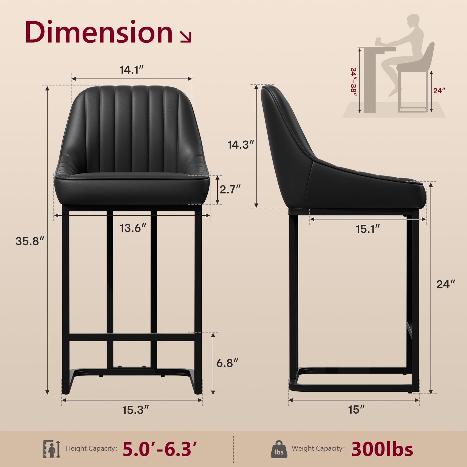 iooHug Set of 4 Modern Bar Stools with Metal Legs and Footrest, 24” Upholstered Counter Height Chairs, PU Leather Bar Chairs for Kitchen Island, Black