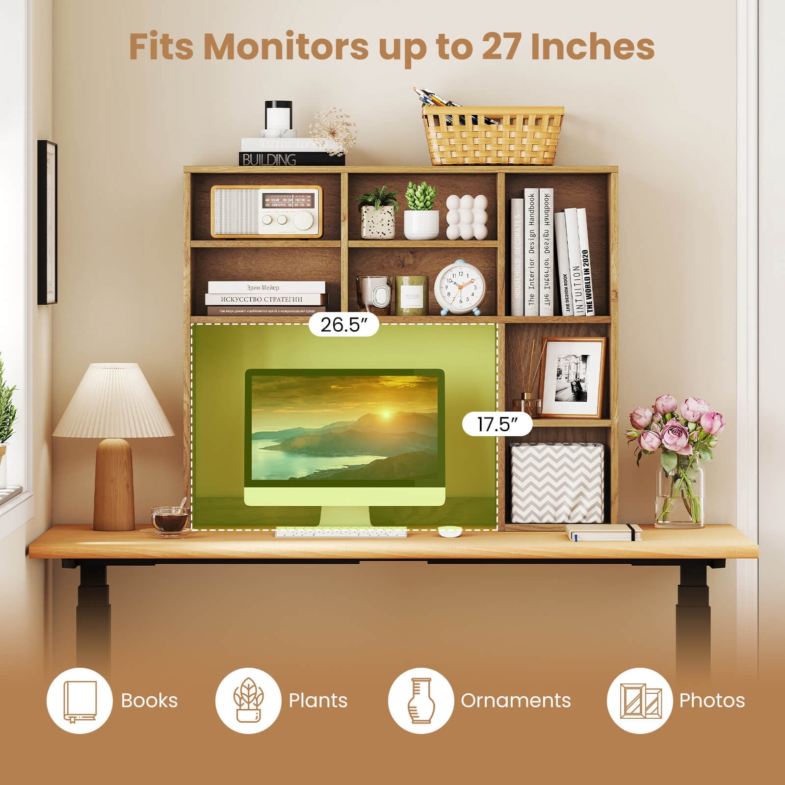 Costway Desktop Bookshelf Desk Storage Hutch with 7 Open Cubbies & 3 Adjustable Shelves Natural