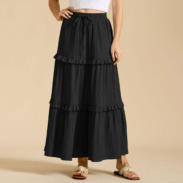 FcBaudy Jupes pour Femmes, Robes Midi pour Femmes, Robes d'Été pour Femmes Robe d'Été Décontractée pour Femmes Mode Couleur Unie Plissée à Cordon Taille Élastique Jupe Femme Robe en Polyester