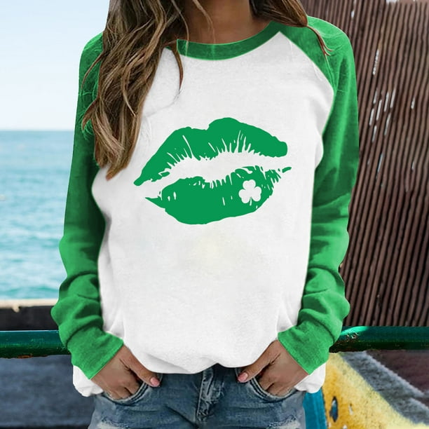 QIPOPIQ Women's Long Sleeve Crew Neck Shirts St. Patrick's Day T Shirts  Spring Shamrock Printed T Shirt Lucky Green Shirt St Patricks Day Shirts  Round Neck Patchwork Tops Holiday Shirts Deals 